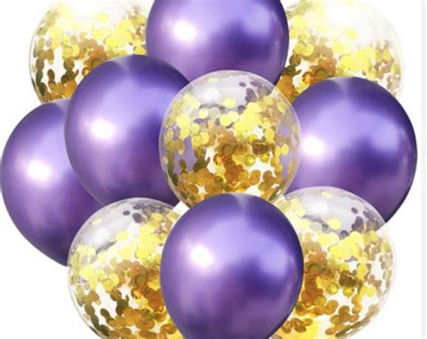 10 GOLD & Purple Party Balloons. 5 Metallic Purple and 5 Gold Confetti Filled Balloons 50th ...