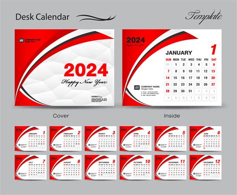 Calendar 2024 template set vector, Week starts Sunday, set of 12 month ...