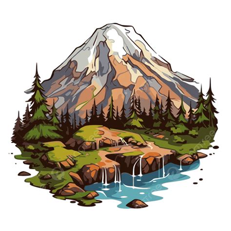 Mount Rainier Vector, Sticker Clipart Mountain Scene With A Waterfall ...