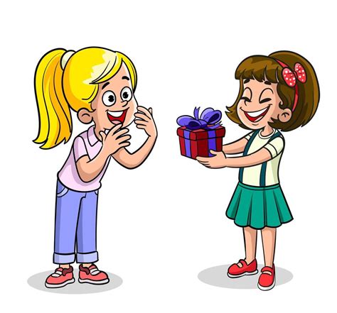 Smiling little girl kid giving girl birthday ribbon bow gift box. Children cartoon character ...