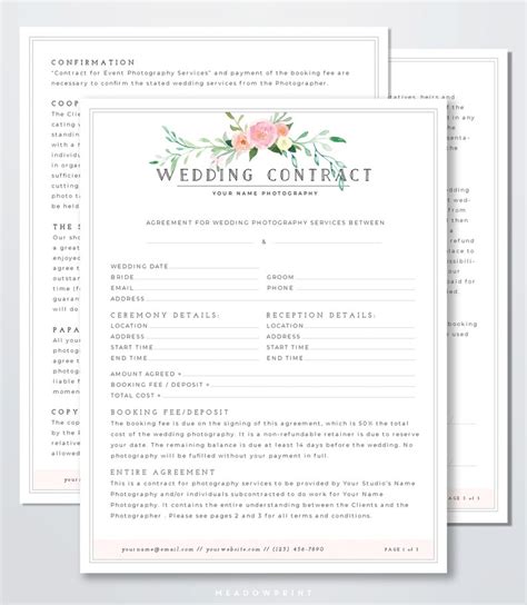 Wedding Photography Contract Template Client Booking Form Contract Wedding Contract Template ...