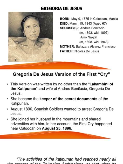 Gregoria De Jesus: BORN: May 9, 1875 in Caloocan, Manila DIED: March 15, 1943 (Aged 67) SPOUSE(S ...