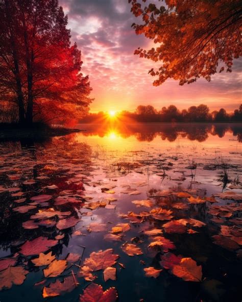 Premium Vector | Beautiful autumn sunset over the lake with leaves on the water