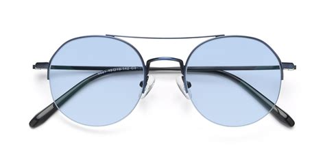 Blue Double Bridge Round Semi-Rimless Tinted Sunglasses with Light Blue Sunwear Lenses - 9521