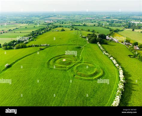 Aerial view of the Hill of Tara, an archaeological complex, containing a number of ancient ...