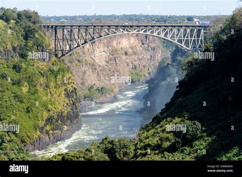 View of the Victoria Falls bridge over the Zambezi river between ...