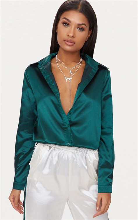 Emerald Green Satin Button Front Shirt | PrettyLittleThing