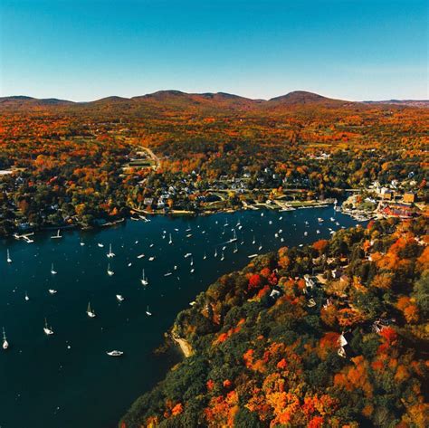 Aerial shot of Rockport Harbor in Rockport, Maine during peak New ...