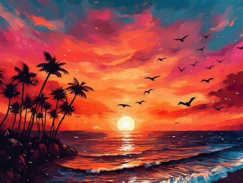 Premium Photo | Painting of a sunset with birds flying over the ocean ...