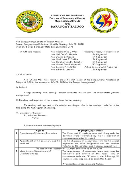 Sangguniang Kabataan Minutes Sample | PDF | Chairman | Secretary