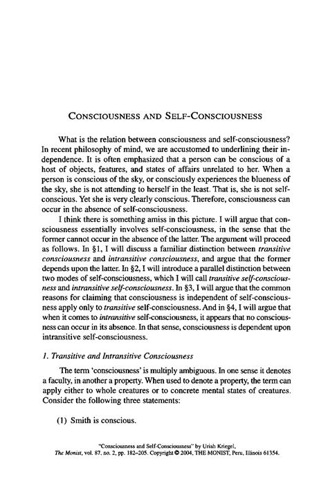 Consciousness and Self-Consciousness - Uriah Kriegel - The Monist (Philosophy Documentation Center)