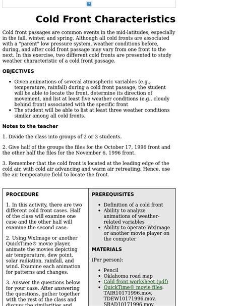 Cold Front Characteristics Lesson Plan for 9th - 12th Grade | Lesson Planet