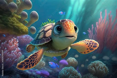 Cute Cartoon Sea Turtle Underwater (Generative AI) Stock Illustration ...