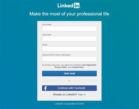 This picture shows LinkedIn's sign up page and how they optimize it with a Facebook login and a ...