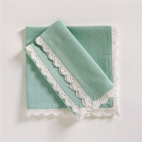 Dinner Cloth Napkin, Cotton Blend Cloth Napkins With Lace, Aqua