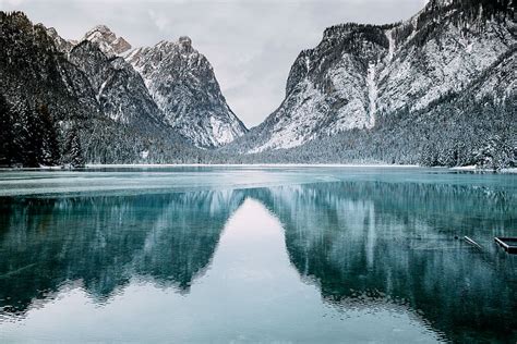 body, water, snow-covered, mountains, daytime, mountain, winter, lake ...