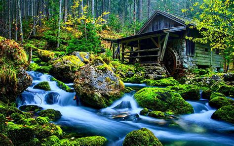 HD wallpaper: Old Water Mill, nature, river, falls, rocks, beautiful, green | Wallpaper Flare