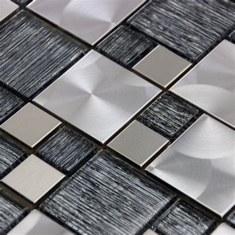 Luxury Textured Grey Glass & Brushed Steel Mix Mosaic Wall Tiles Sheet 8mm