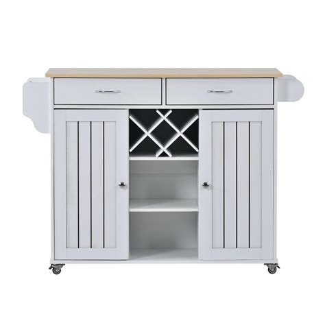 Tatahance White Kitchen Cart with Two Storage Cabinets and Wine Rack ...