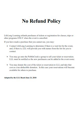 Sample No Refund Policy - 7+ IN PDF