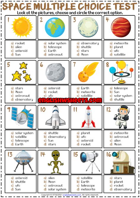 Space Vocabulary ESL Printable Multiple Choice Test For Kids English Games For Kids, Test For ...