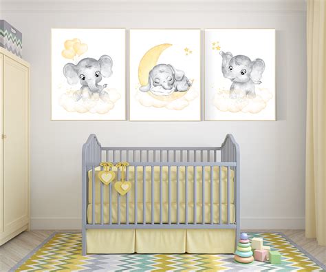 Nursery wall art neutral, nursery wall art elephant, moon and stars, gender neutral, baby room ...