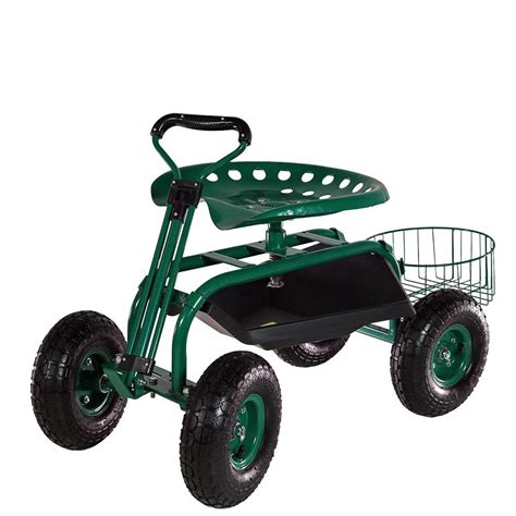 Sunnydaze Decor Green Steel Rolling Garden Cart with Steering Handle, Seat and Tray-QH-RCP028-GN ...
