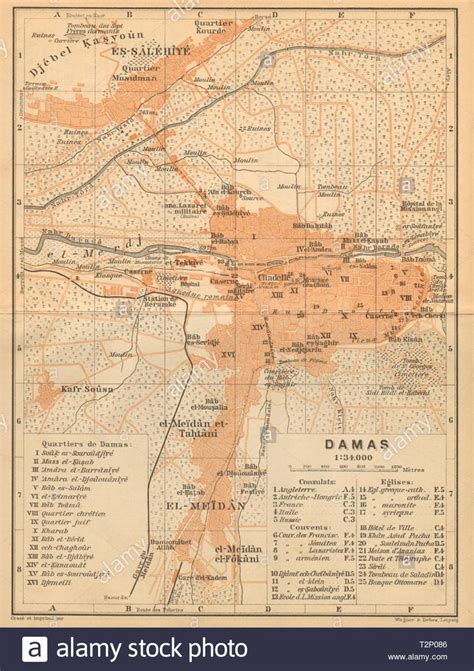 Damascus antique town city plan. Syria 1912 old vintage map chart Stock Photo | Vintage map ...