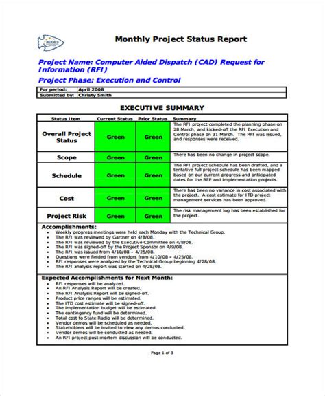 Project Monthly Status Report Template | Best Template Ideas