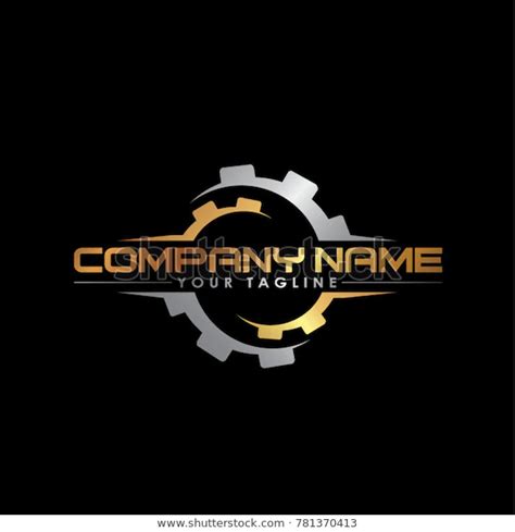 the logo for company with gear wheels and gold letters on black background - stock photo