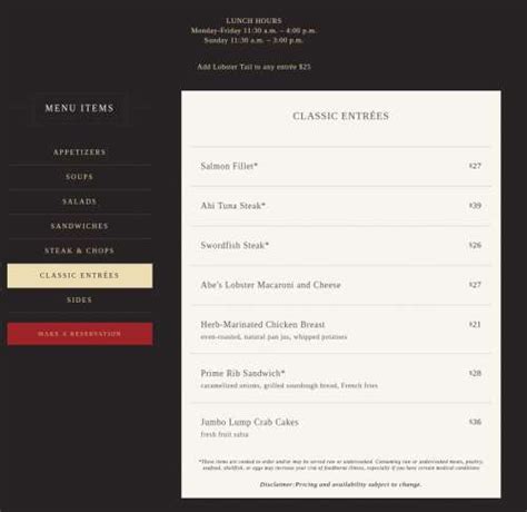 Abe & Louie's menu in Boston, Massachusetts, USA