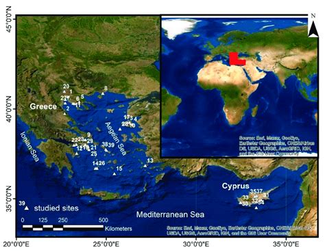 Map of Greece and Cyprus showing the studied sites (modified from ...