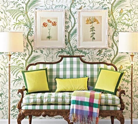 traditional-home-brunschwig-fils-bird-thistle-green-toile-wallpaper-buffalo-check-plaid - The ...