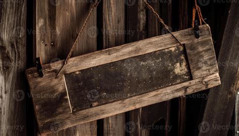 Rustic wooden sign hanging by rope on weathered plank frame generated ...