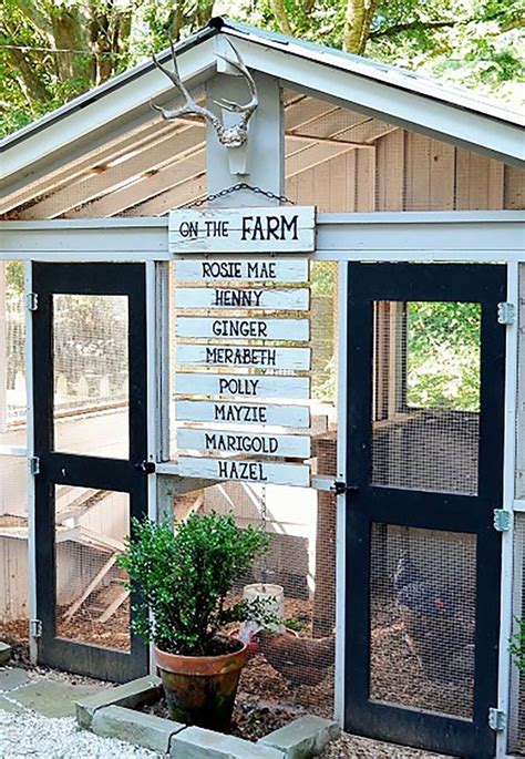 a small chicken coop with a sign on the door that says, on the farm