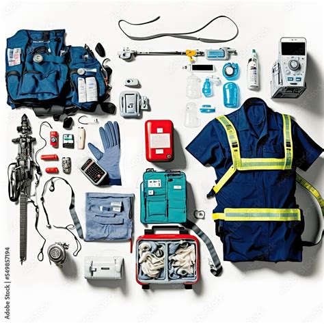 knolling flat-lay picture of paramedic gear with uniform and surgical ...