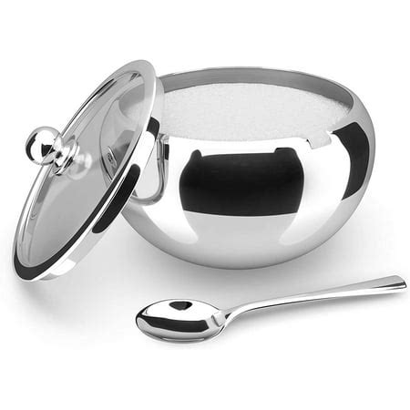 Large Sugar Bowl, Stainless Steel With Glass Lid, Includes Stainless Steel Spoon, Holds 2 cups ...