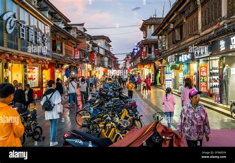 Kunming China , 4 October 2020 : Streetview of Guandu old town shopping street with colorful ...