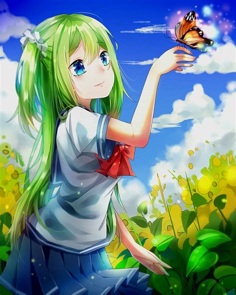 2560x1440px | free download | HD wallpaper: anime, anime girls, long hair, butterfly, green hair ...