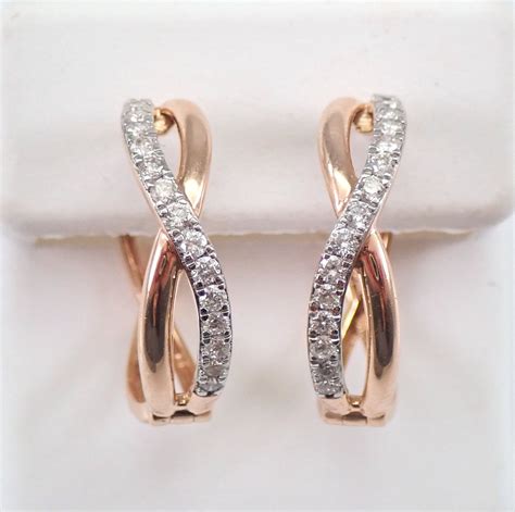 14K Rose Gold Diamond Hoop Earrings Diamond Hoops Huggies Gift Modern Design
