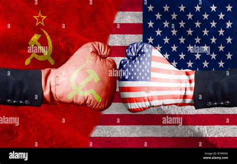 United States of America against USSR boxing gloves, USA vs. USSR concept half flags together ...