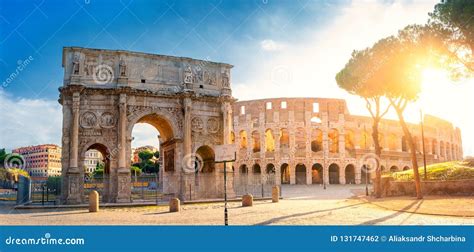 Panorama of the Arch of Constantine and the Colosseum in the Morning Sun. Rome Architecture and ...