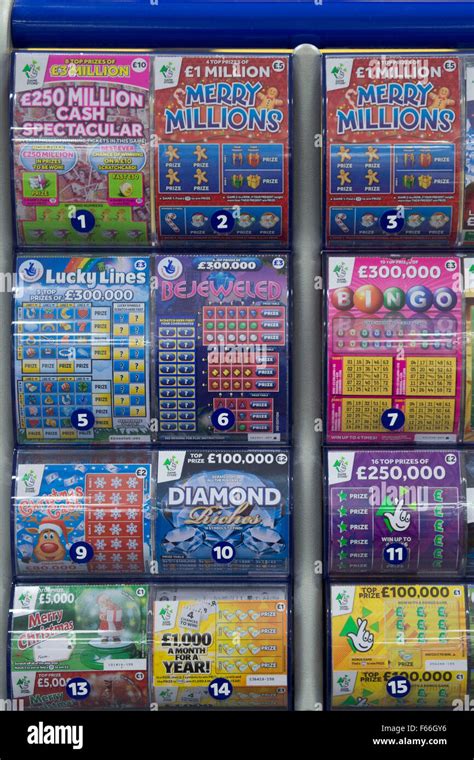 Scratchcards from the National Lottery on sale at a newsagents Stock ...