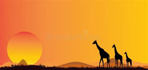 Silhouettes of African Jungle Giraffe Sunset Safari Animals Vector ...