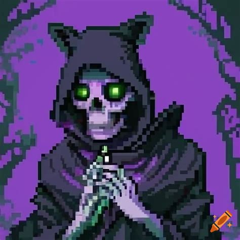 Pixel art of a scary hooded skeleton