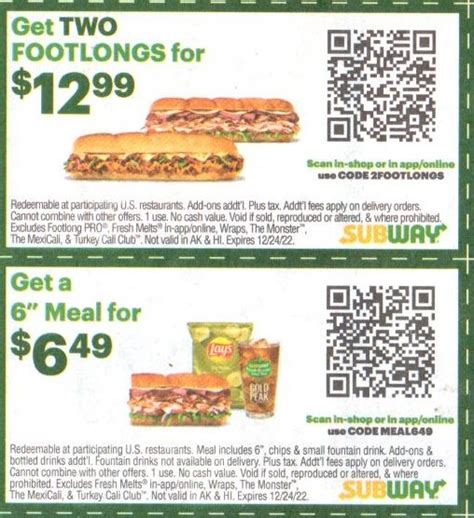 Subway Coupon Code: 2 Footlongs for $12.99 Use code FTL1299 at c