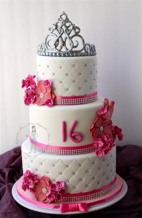 Sweet 16th Princess Cake with Pink Flowers and Tiara