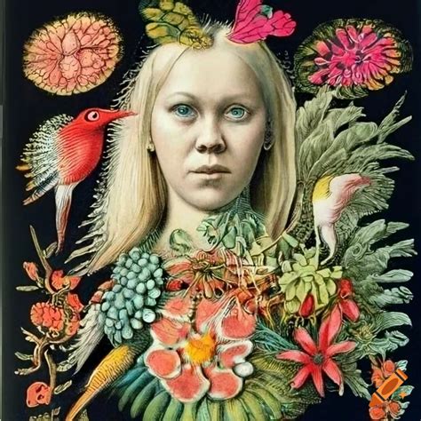 Illustration of agnetha fältskog surrounded by tropical elements on Craiyon