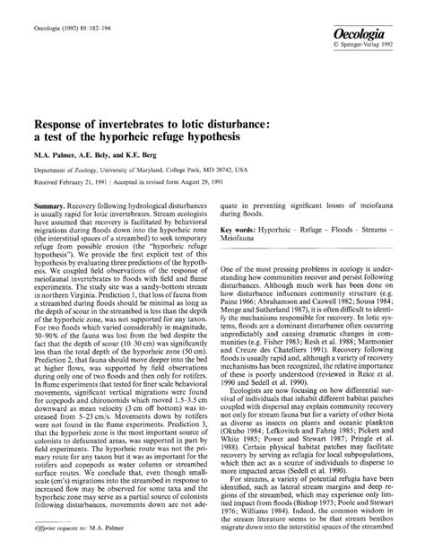 (PDF) Response of Invertebrates to Lotic Disturbances - A Test of the Hyporheic Refuge Hypothesis