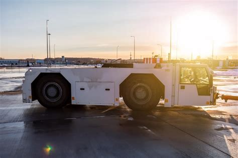 Premium Photo | Aircraft tow tractor at the airport apron in the light of evening sun